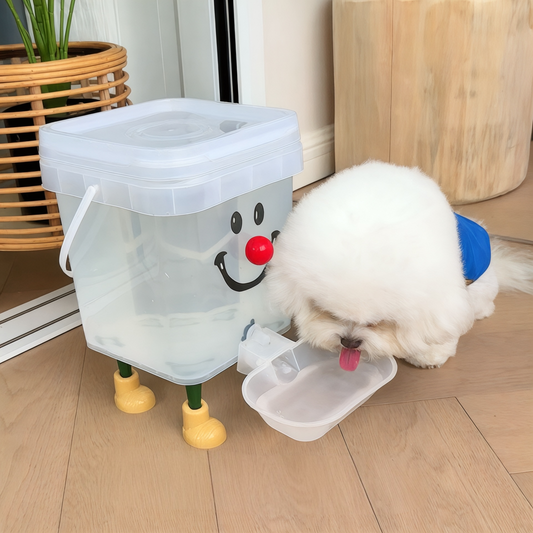Dispensador de água para animais de estimação com pernas e torneira em formato de rosto sorridente