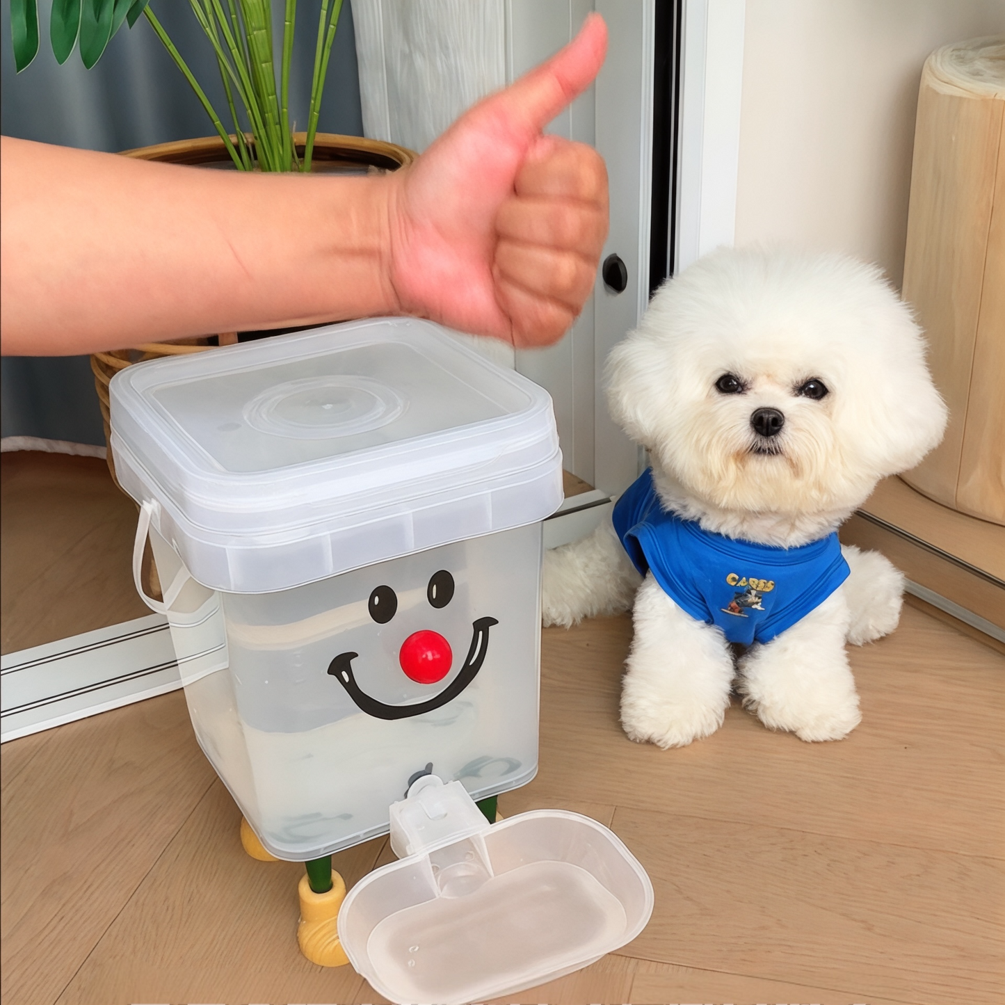 Dispensador de água para animais de estimação com pernas e torneira em formato de rosto sorridente