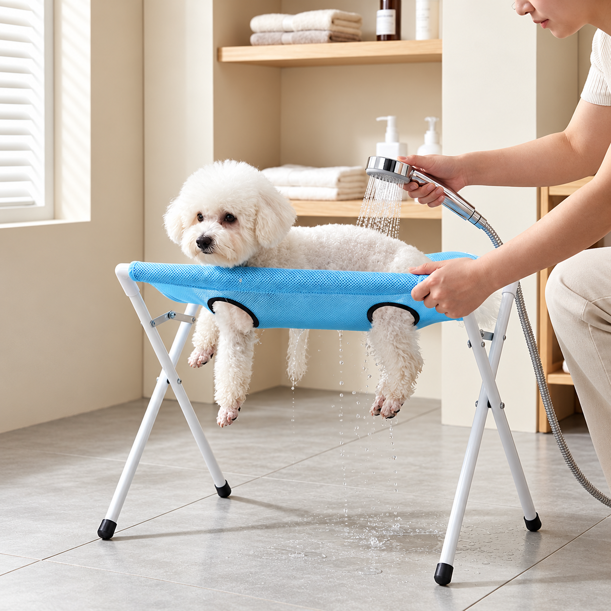 Pet standing on the bath stand with water draining through the mesh